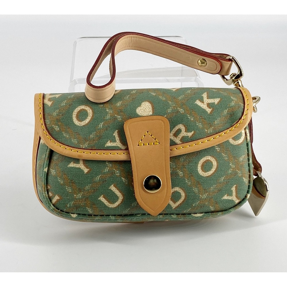 Dooney & Bourke Spelled Out Wristlet Green & Tan Coated Canvas + Leather